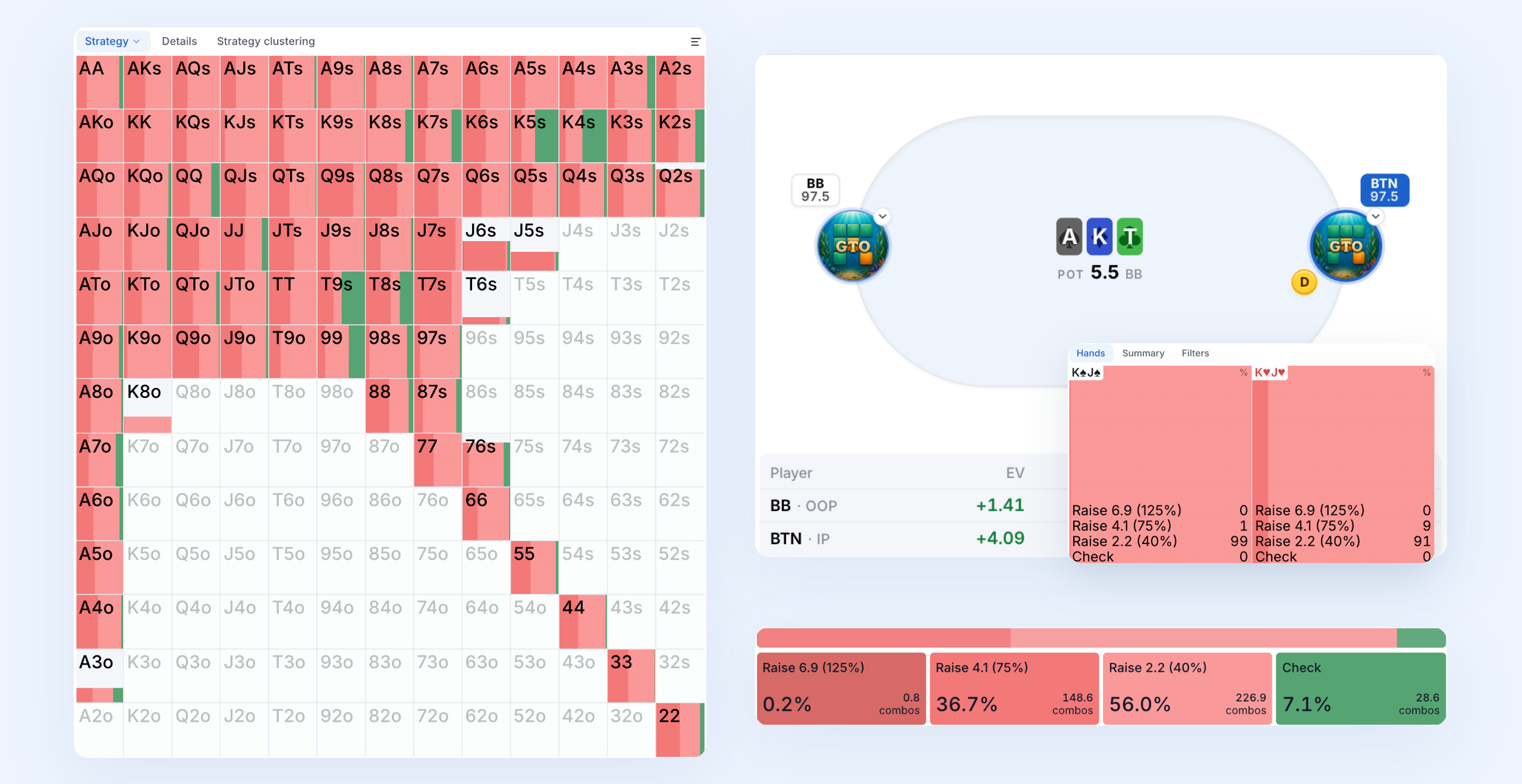 Real Study workspace: choose range presets, drag to narrow or widen a range, customize bet sizes, and inspect the resulting strategy and hand combinations.