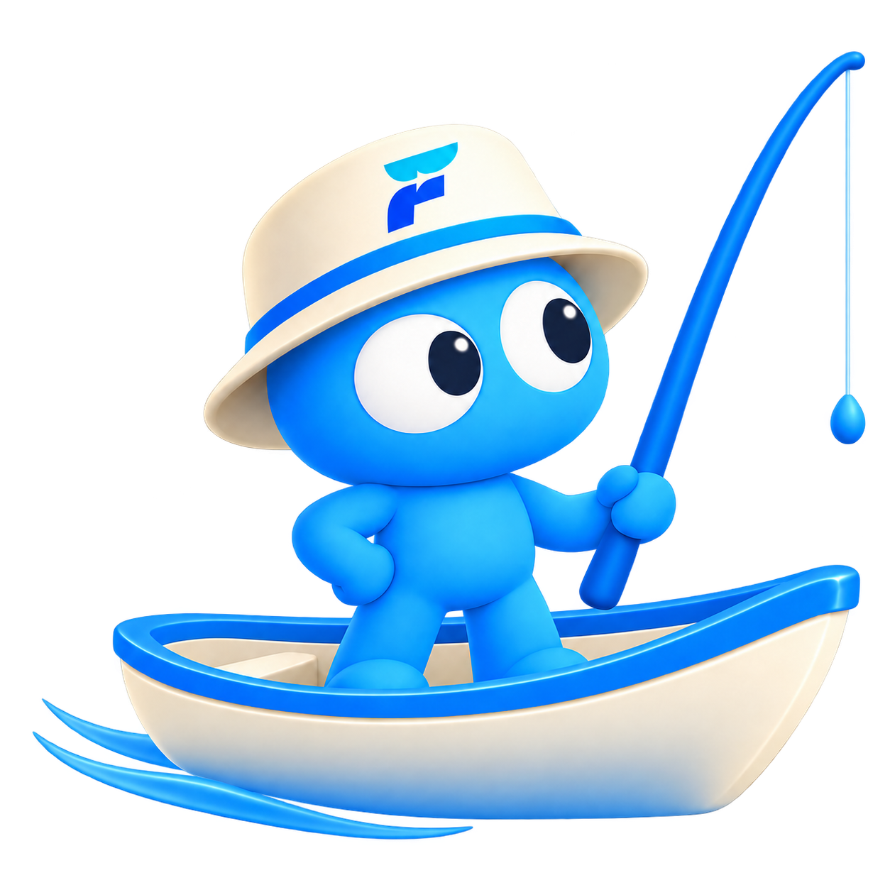 Fisher standing confidently in a small boat, holding a fishing rod and looking ahead